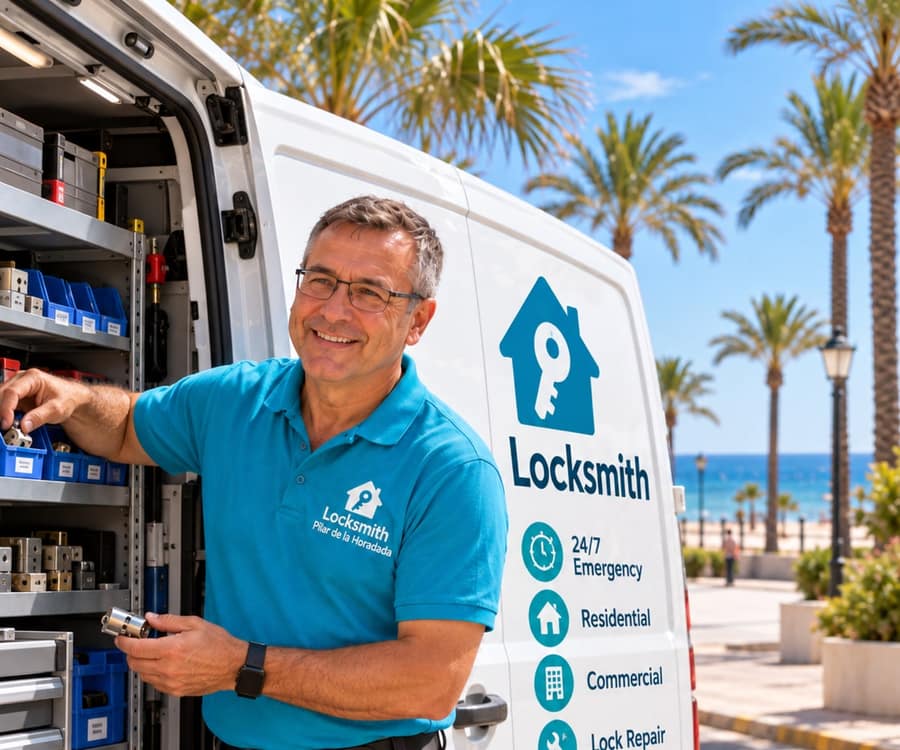 Beside the open side door of a white van, a man in a turquoise polo holds a door cylinder he has taken from shelves of blue parts bins, palm trees and the sea behind