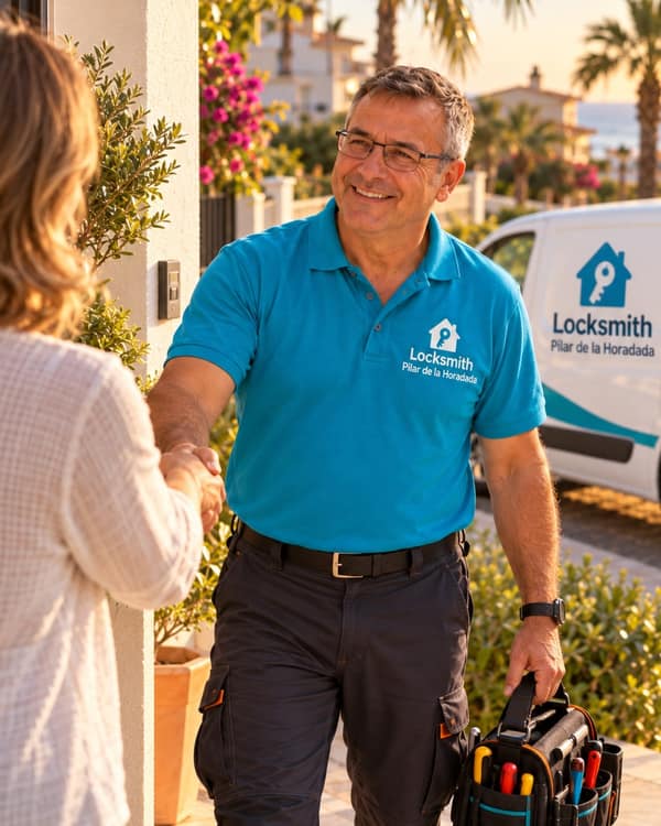 In warm low sunlight a man in a turquoise polo, tool bag in his left hand, shakes hands with a woman at a white doorway, a white van parked behind him